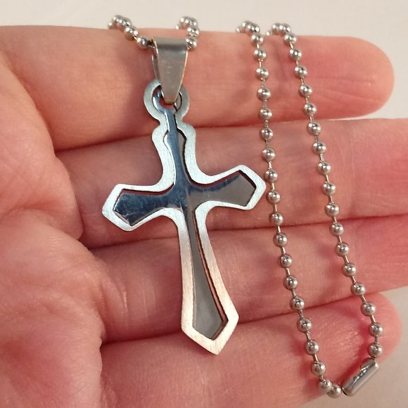 Other - Mens Stainless Steel Cross Cut Fit Pendant Bead Chain Necklace 23" Gorgeous Gift